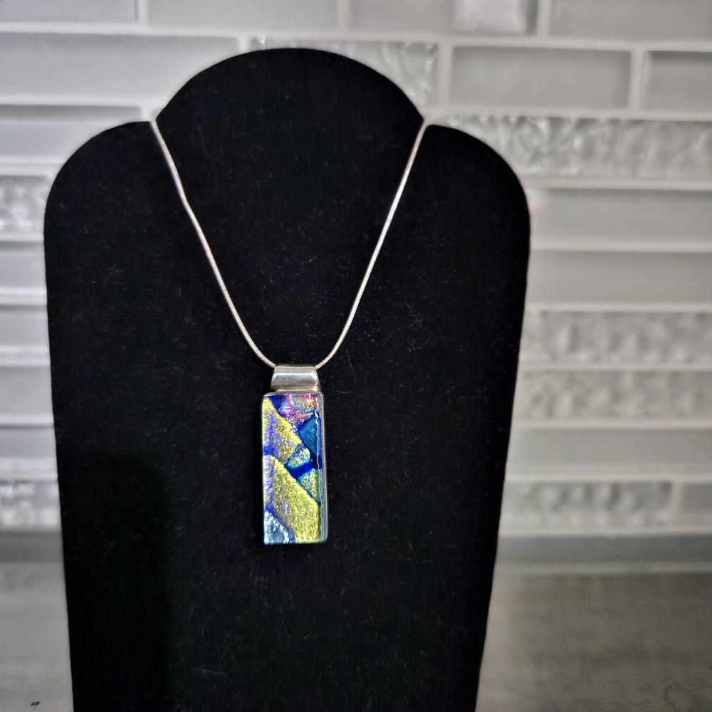 Multicolor Artisan Dichroic Glass Pendant w/Sterling Silver Snake Chain Necklace